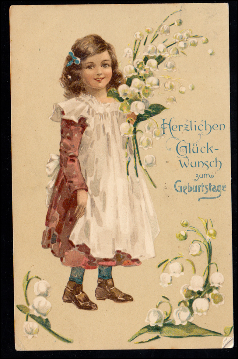 AK Glückwünsche Geburtstag Lächelndes Mädchen mit Maiglöckchenstrauß