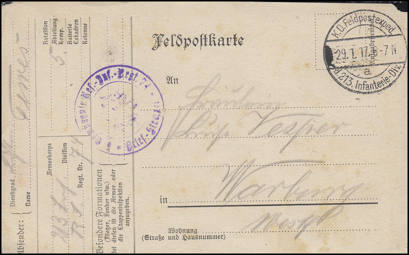 Feldpostkarte K.D. Feldpostexp. der 213. InfanterieDivision 29.1.17 n