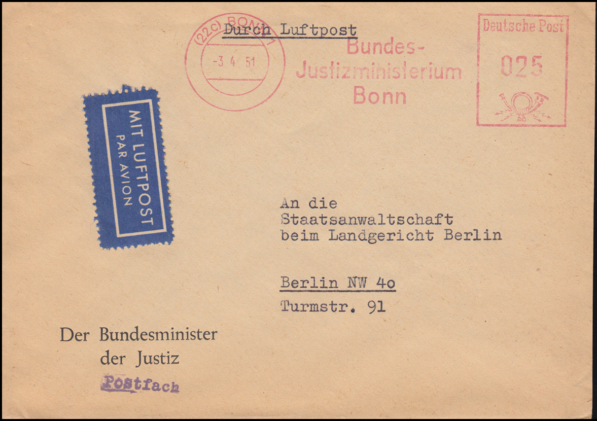 AFS Bundes-Justizministerium Luftpost-Brief DEUTSCHE POST BONN 3.4.1951