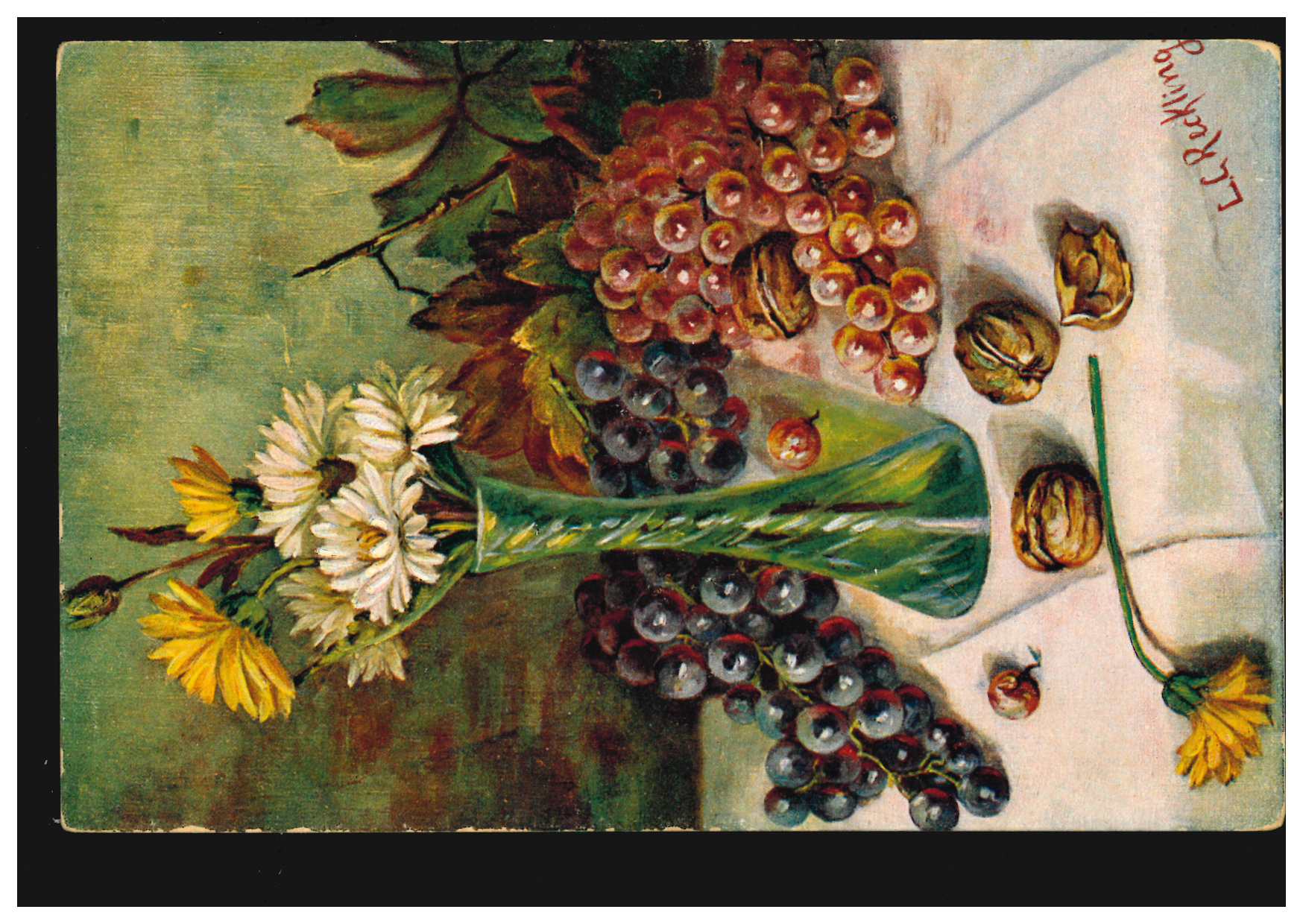 KünstlerAK Reckling Stillleben Weintrauben Wallnüsse Blumen