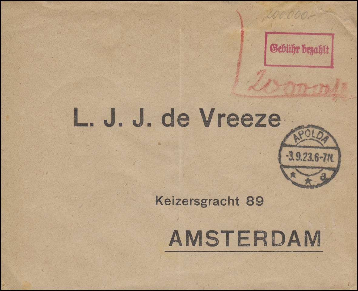 Gebühr Bezahlt Stempel Brief Vordruck Apolda 391923 Nach Amsterdam
