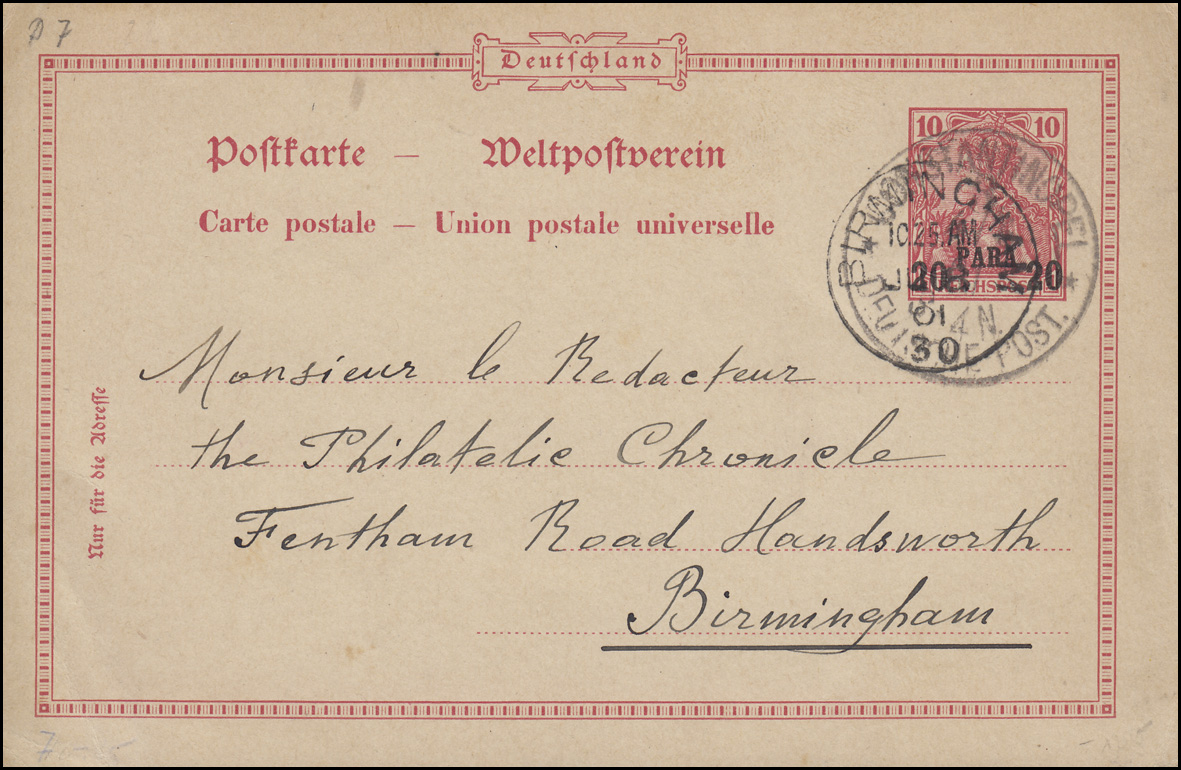 Turkei Postkarte P 7 Germania Para Constantinopel 4 6 1901 Nach Birmingham Marktplatz Philatelie