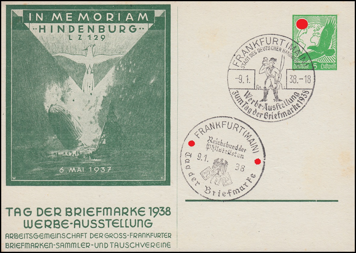 PP 142 Im Memoriam Hindenburg LZ 129 - Tag der Briefmarke 2 SSt FRANKFURT  9.1.38 · PHILMASTER