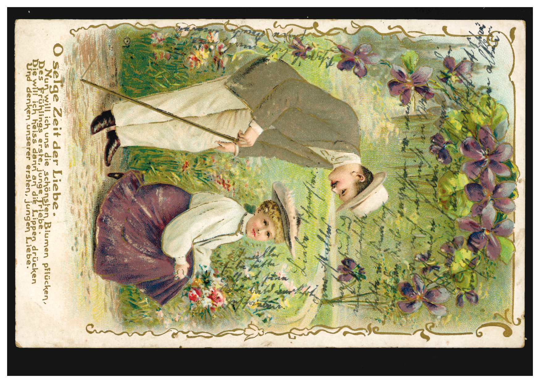 LiebesAK Liebespaar im Garten, Gedicht O selige Zeit der Liebe