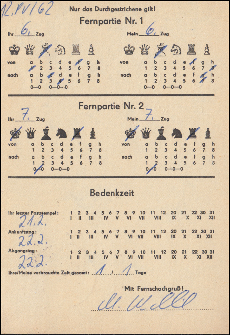 DDR-Fernschach-Postkarte mit 2483 Aufbau klein EF Drucksache COTTBUS 22.2.1990 · PHILMASTER