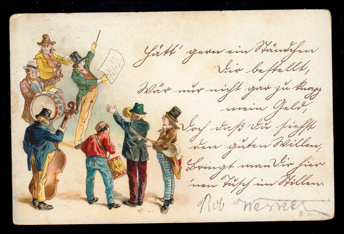 KarikaturAK Lustige Musikanten mit Sänger, CHARLOTTENBURG 16.3.1904