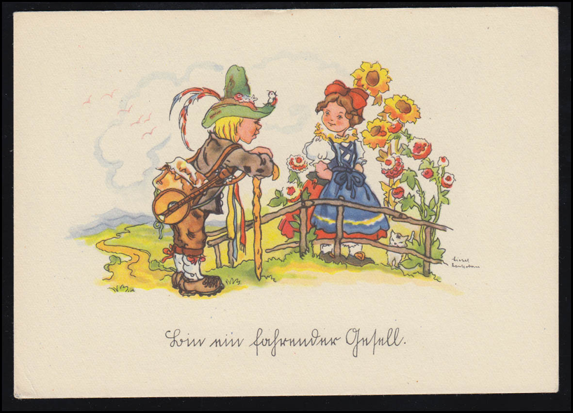 AK Karikatur Kinder Liesel Lauterborn Wandersmann Mädchen Tracht