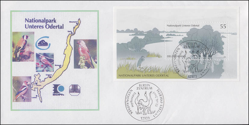 Block 62 Nationalpark Unteres Odertal, FDC Karte und Vögel ESSt Berlin ...
