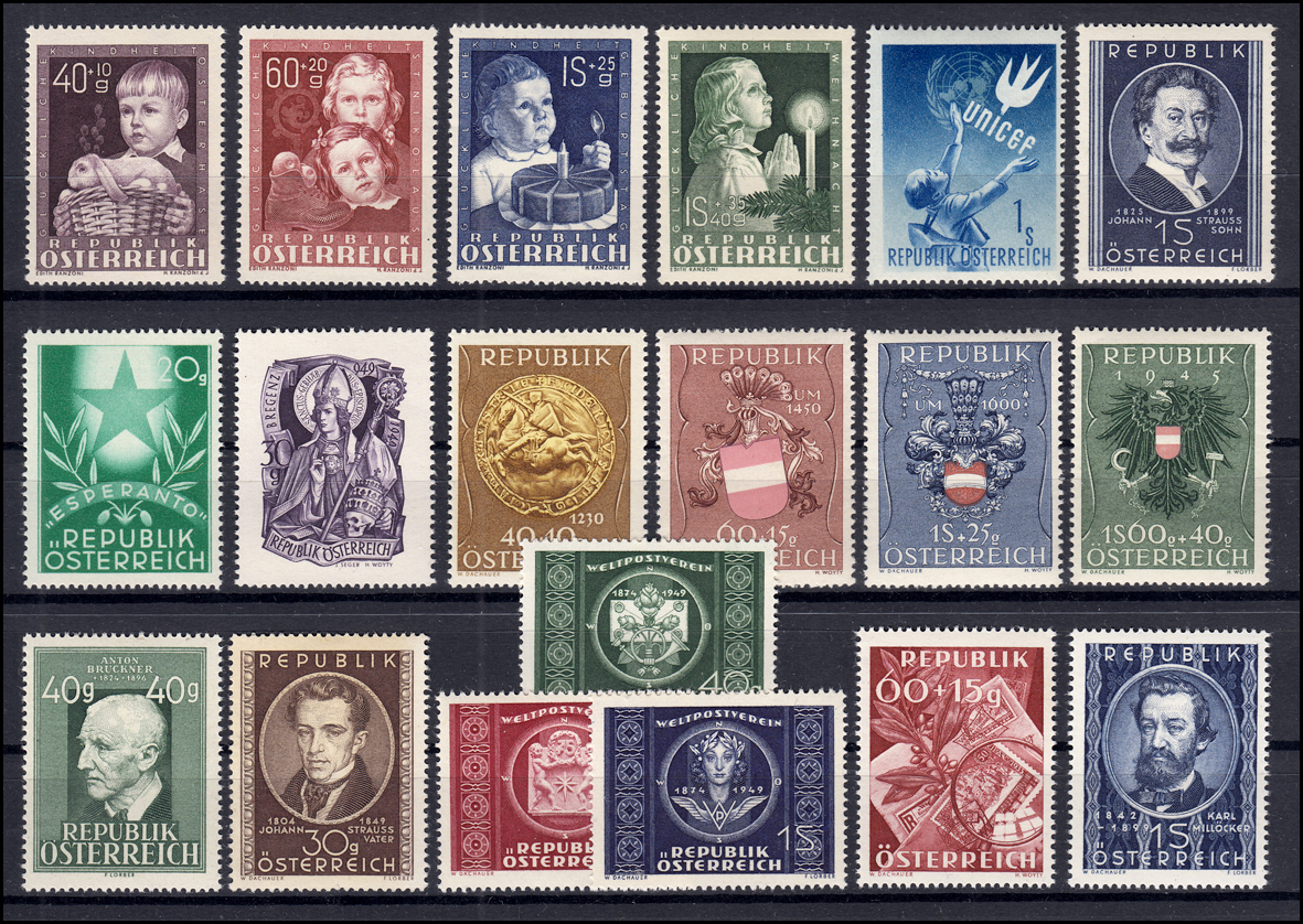 929947 ÖsterreichJahrgang 1949, 19 Marken komplett, postfrisch